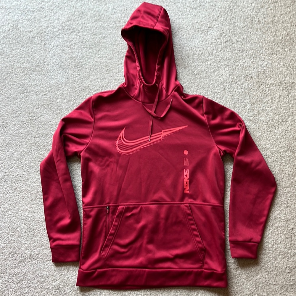 Nike Mens Medium Hooded Thermafit Sweatshirt Dark Red with Neon Red Accents